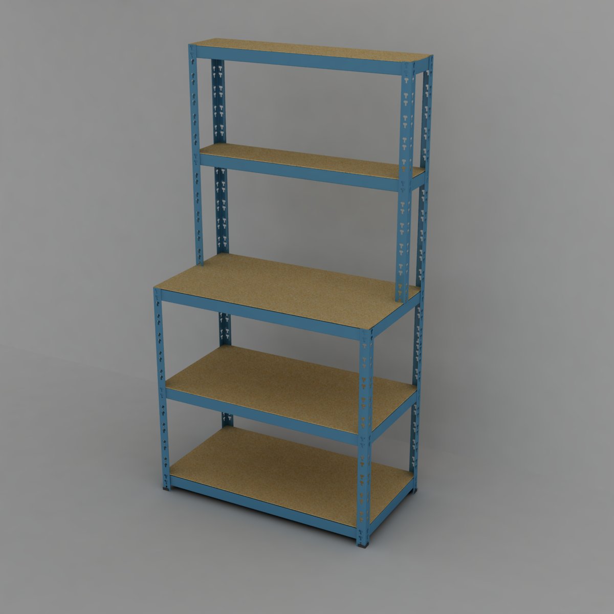 Kovový regál s dřevotřískovými policemi (ponk) modrý
